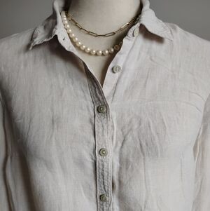Talbots Linen Button Up Shirt Natural Color Classic Coastal Size Medium Petite